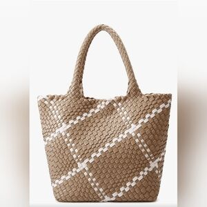 Queenoris Woven Tote Bag with Matching Clutch | Large Tan & White Basket Weave H